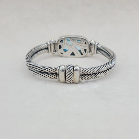 David Yurman Albion Elongated Double Cable Bracelet With Blue Topaz And Gold - Picture 4 of 13